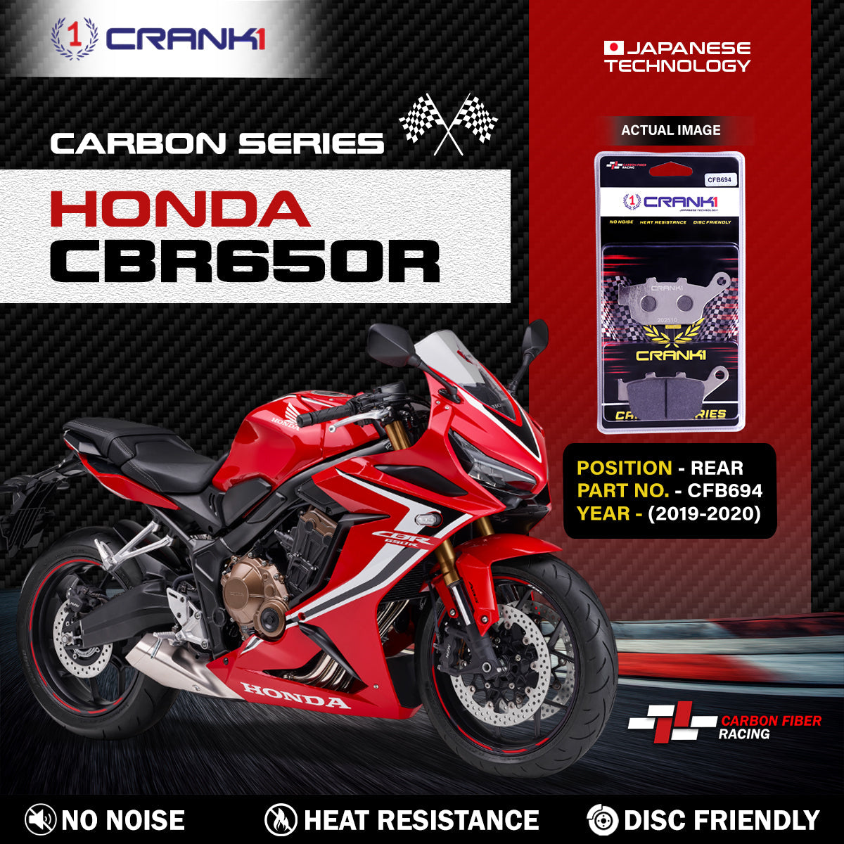Crank1 Carbon Brake Pads For Honda CBR650R (2019-2020) - Rear - CFB694