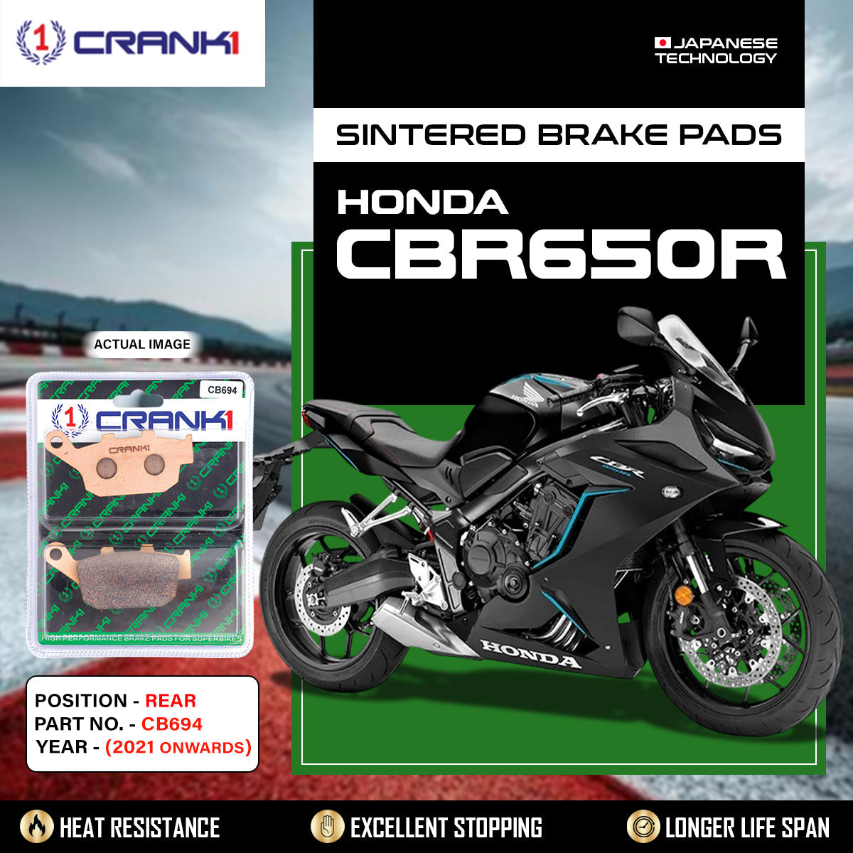 Crank1 Sintered Brake Pads For Honda CBR650R (2021 Onwards) - Rear - CB694