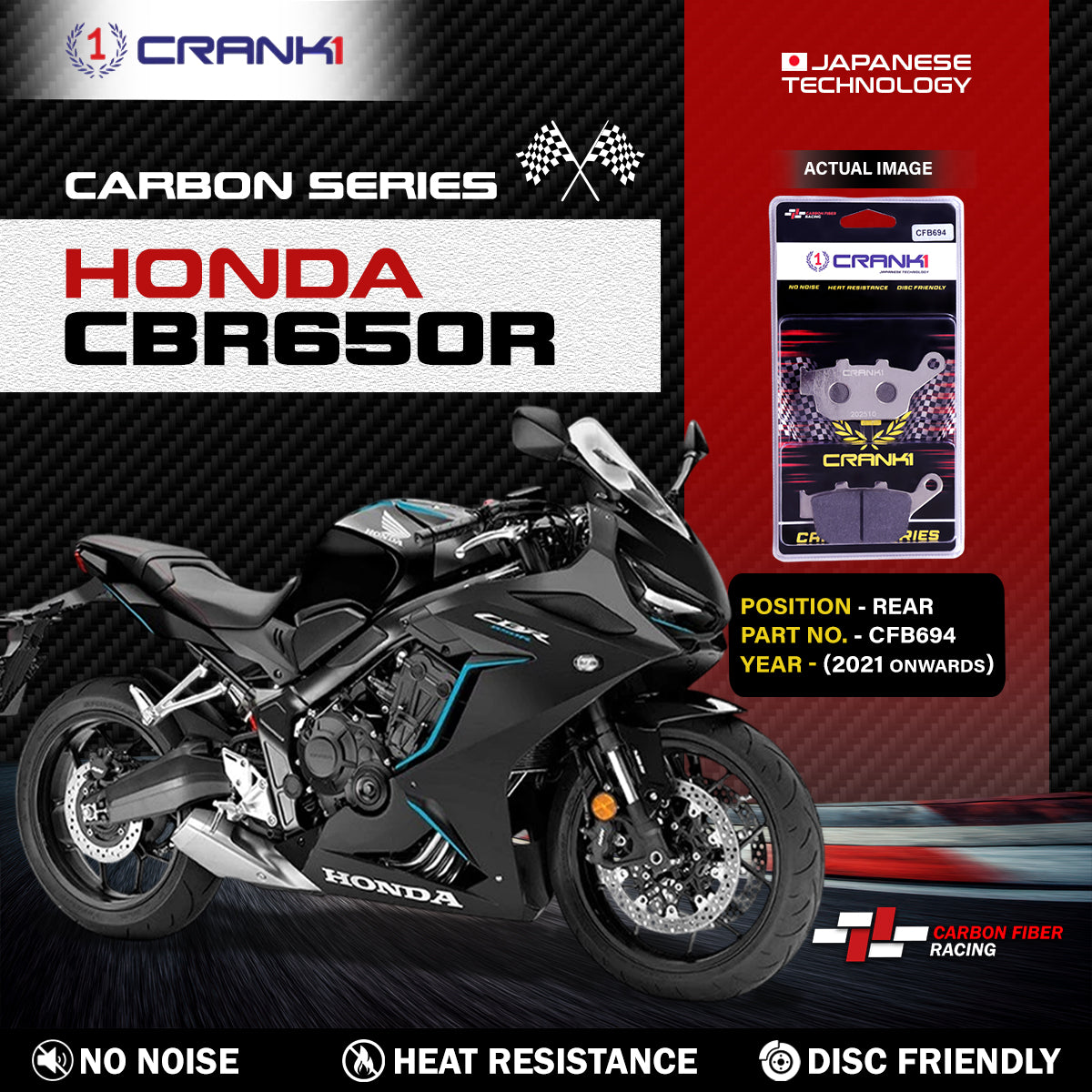 Crank1 Carbon Brake Pads For Honda CBR650R (2021 Onwards) - Rear - CFB694