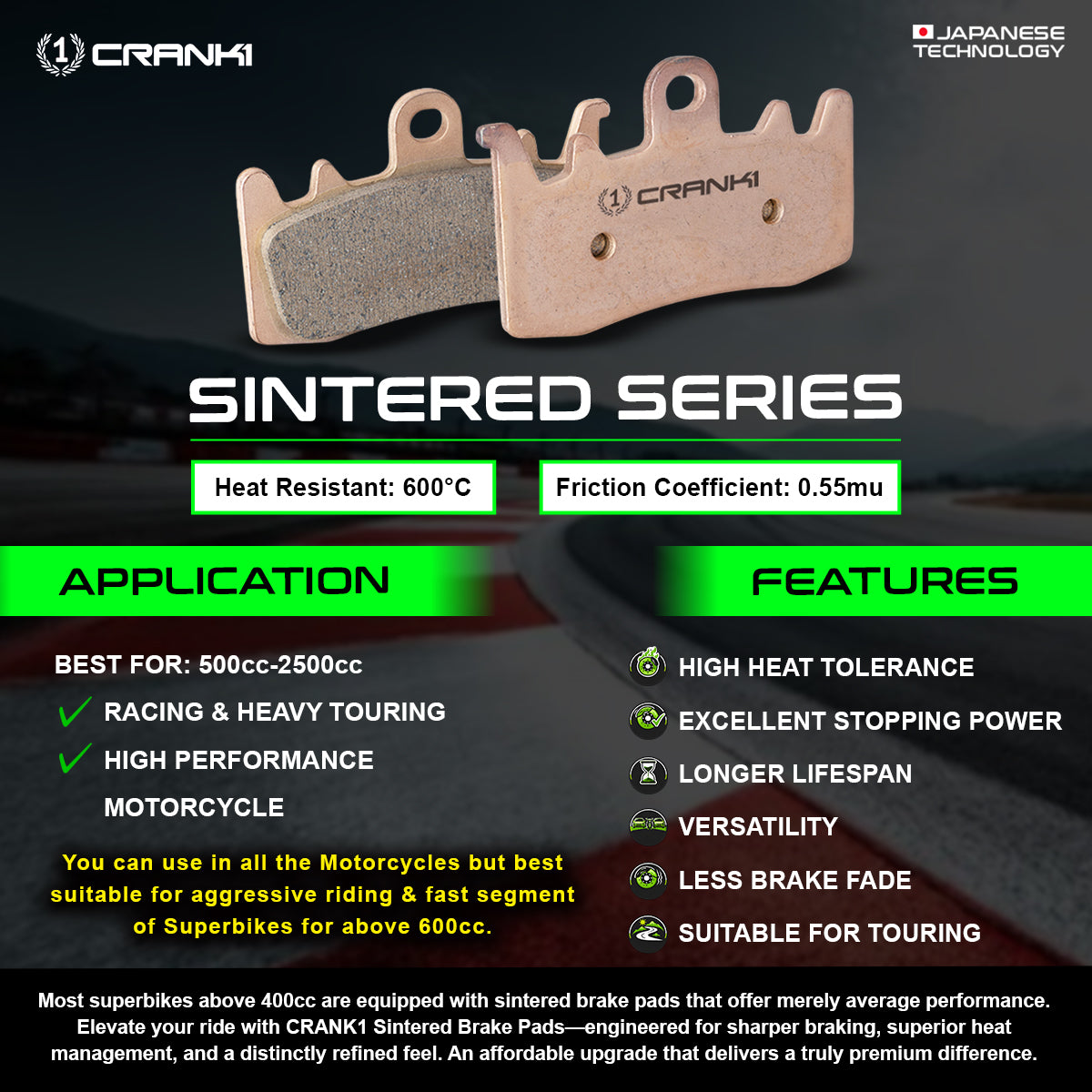 Crank1 Sintered Brake Pads For Benelli TRK 502 (2021 Onwards) - Front - CB706 - 2 Sets