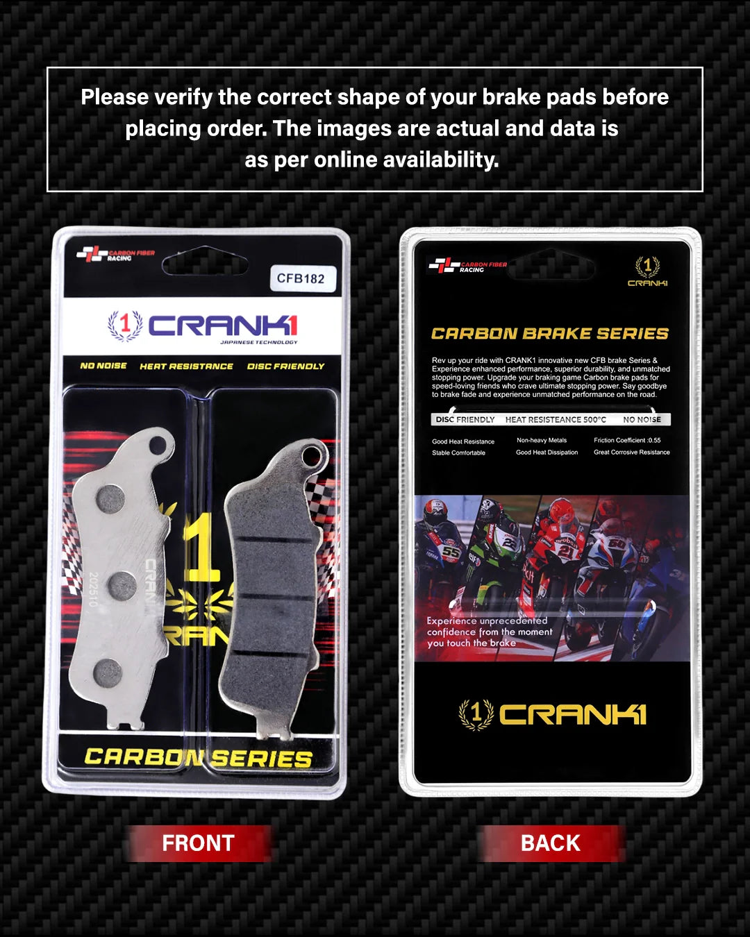 Crank1 Carbon Brake Pads For Kawasaki Vulcan S (2015 Onwards) - Front - CFB182