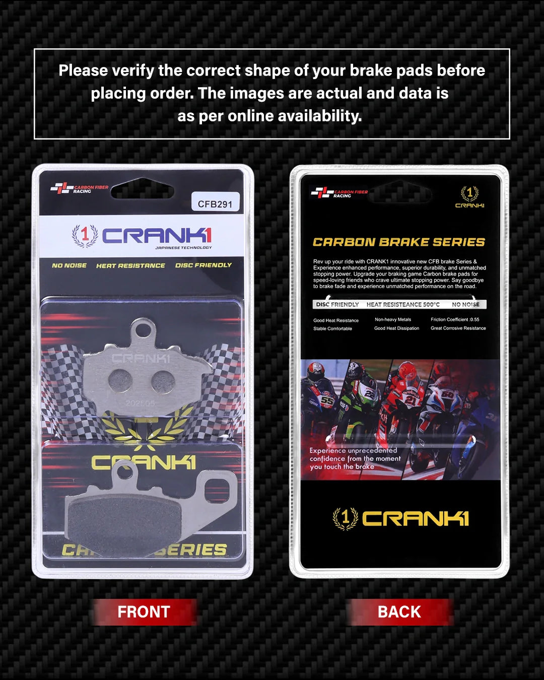 Crank1 Carbon Brake Pads For Kawasaki Ninja 1000SX (2015-2016) (2017-2019) - Rear - CFB291