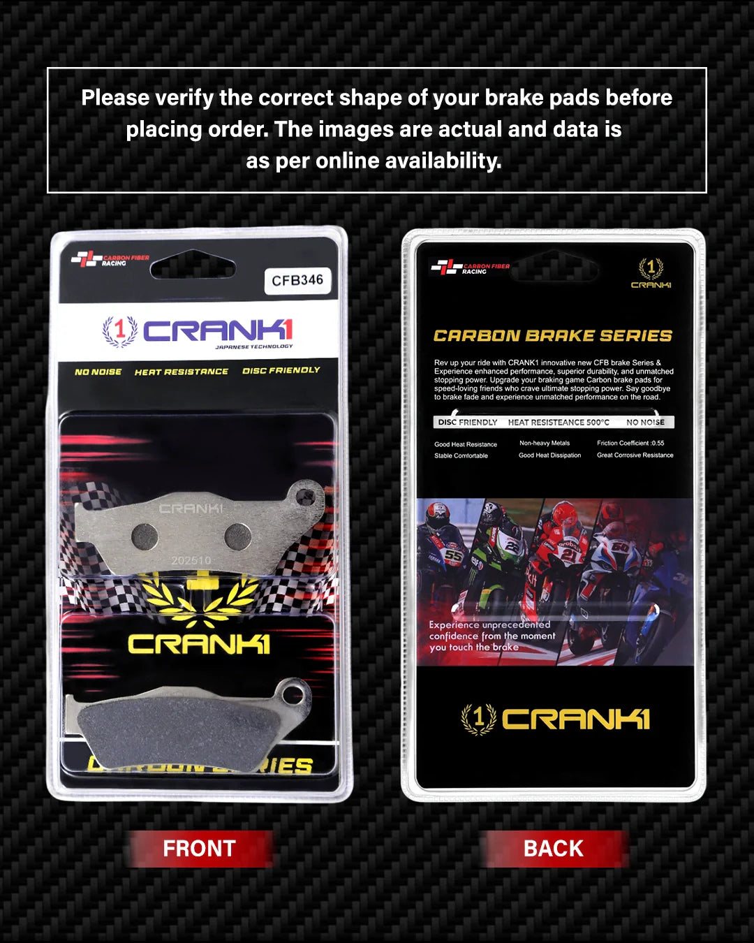 Crank1 Carbon Brake Pads For Yamaha R15 V4 (2022) - Front - CFB346