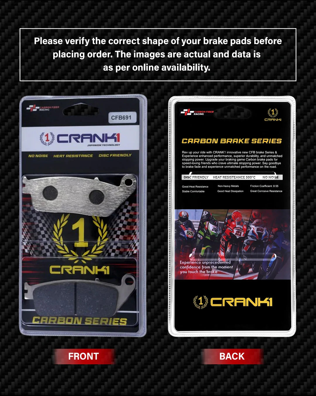 Crank1 Carbon Brake Pads For Honda NC750X (2014 Onwards) - Front - CFB691