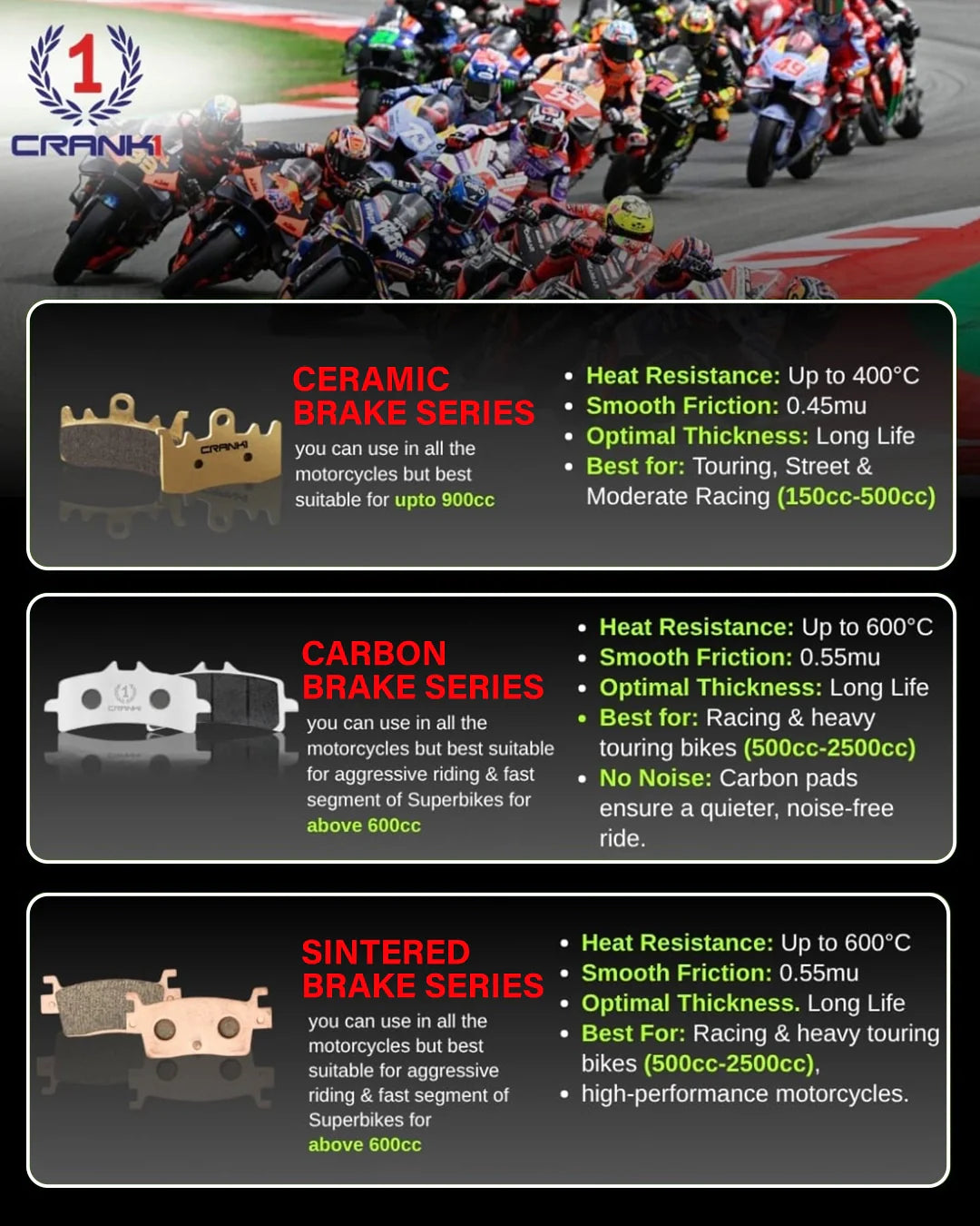 Crank1 Carbon Brake Pads For Triumph Thunderbird LT (2017) - Front - CFB083 - 2 Sets