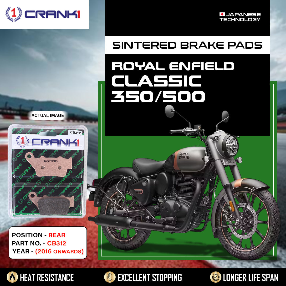 Crank1 Sintered Brake Pads For Royal Enfield Classic 350/500 (2016 Onwards) - Rear - CB312