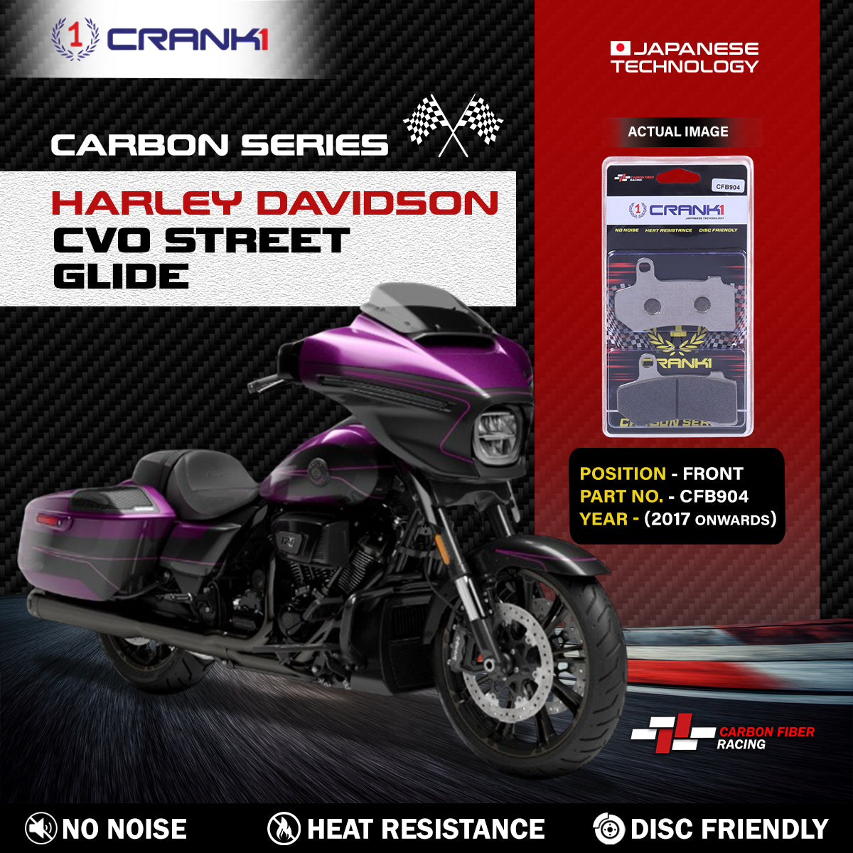 Crank1 Carbon Brake Pads For Harley Davidson CVO Street Glide (2017 Onwards) - Front - CFB904 - 2 Sets