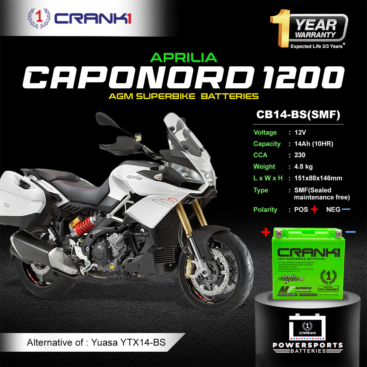 Crank1 Battery For Aprilia Caponord 1200 (2010-2017) - CB14-BS - Factory Activated