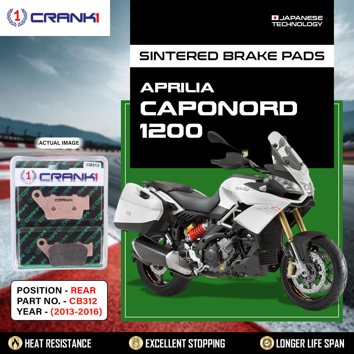 Crank1 Sintered Brake Pads For Aprilia Caponord 1200 (2013-2016) - Rear - CB312