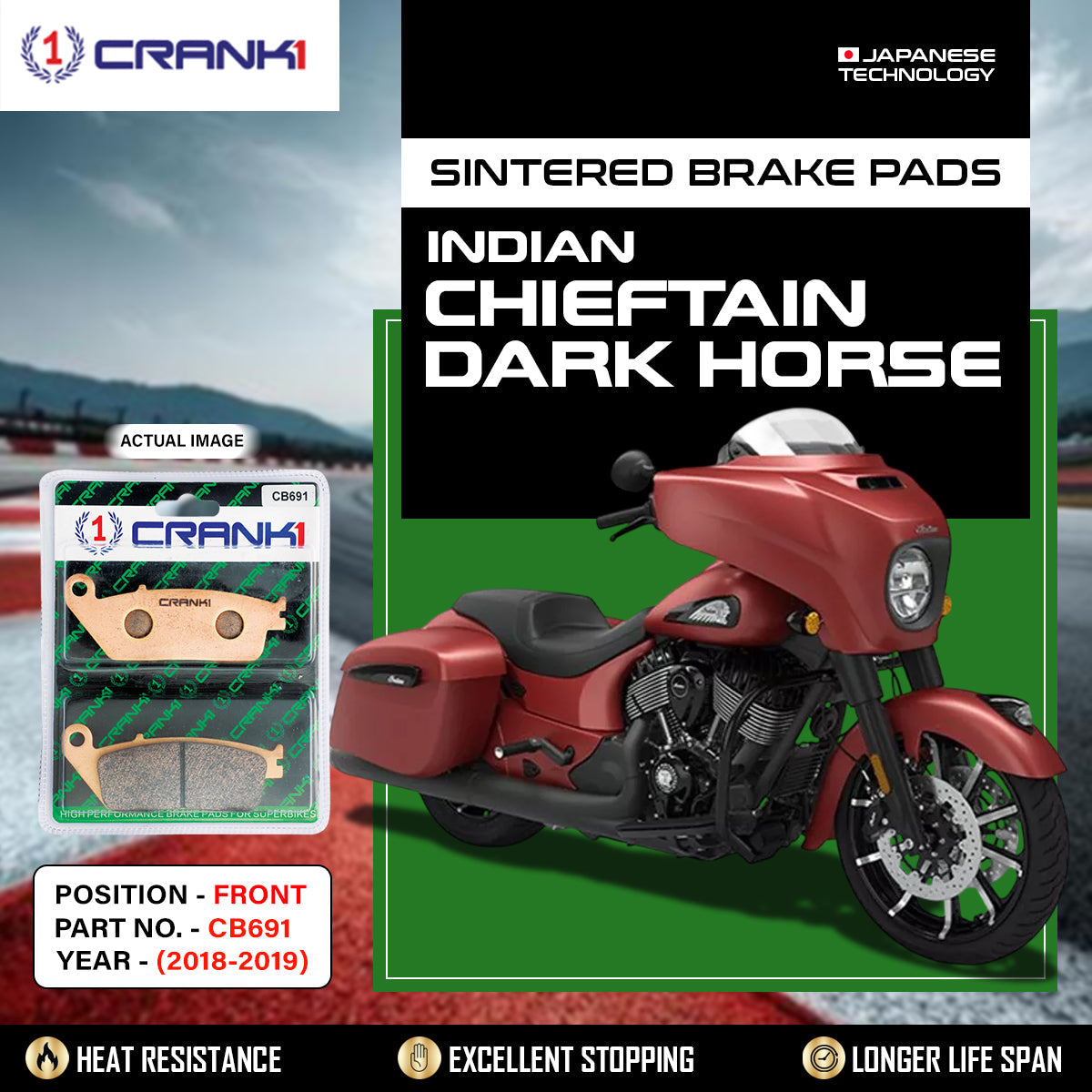 Crank1 Sintered Brake Pads For Indian Chieftain Dark Horse (2018-2019) - Front - CB691