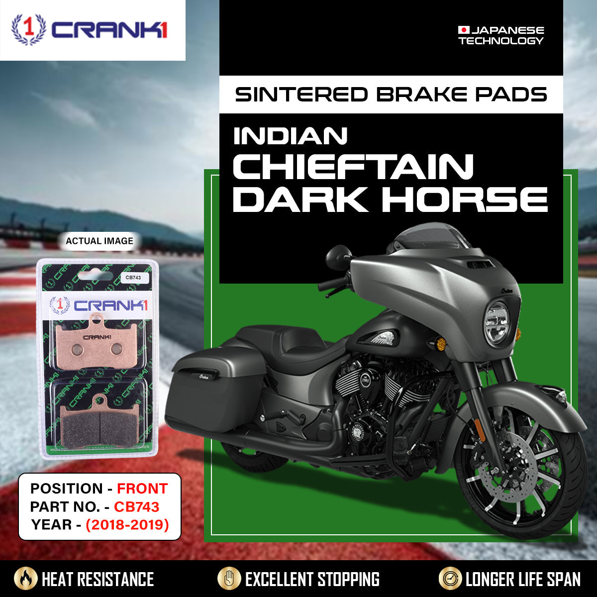 Crank1 Sintered Brake Pads For Indian Chieftain Dark Horse (2018-2019) - Front - CB743 - 2 Sets Required