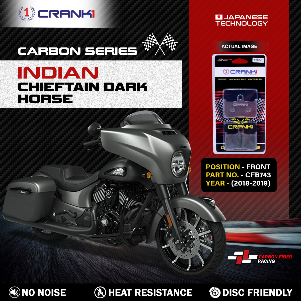Crank1 Carbon Brake Pads For Indian Chieftain Dark Horse (2018-2019) - Front - CFB743 - 2 Sets