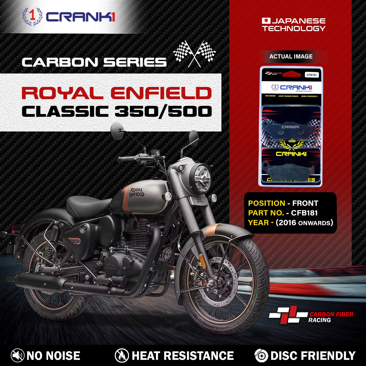 Crank1 Carbon Brake Pads For Royal Enfield Classic 350/500 (2016 Onwards) - Front - CFB181