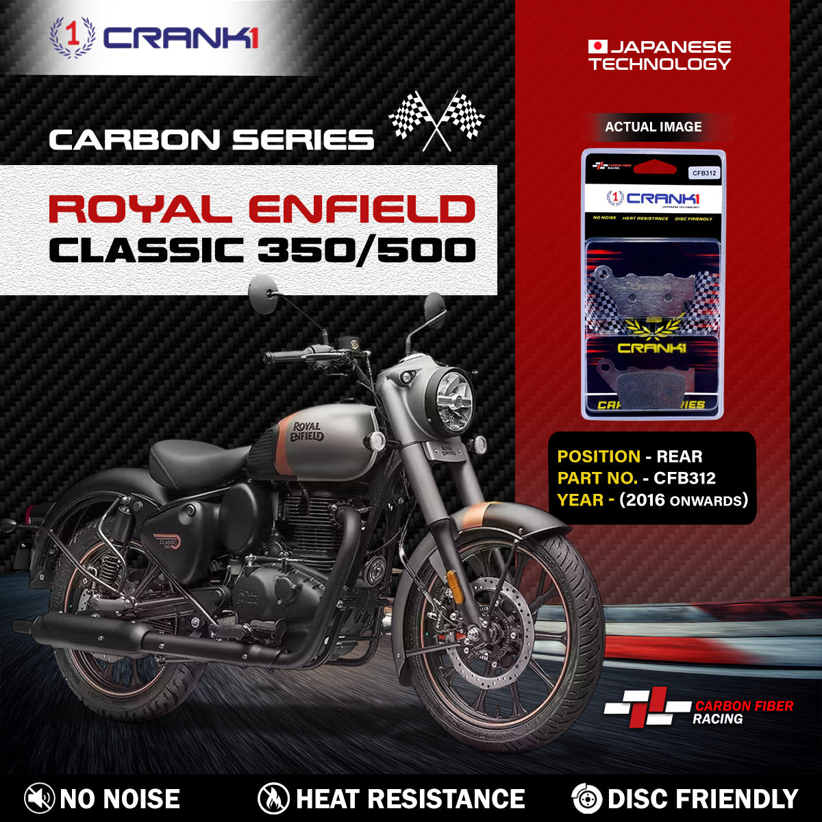 Crank1 Carbon Brake Pads For Royal Enfield Classic 350/500 (2016 Onwards) - Rear - CFB312