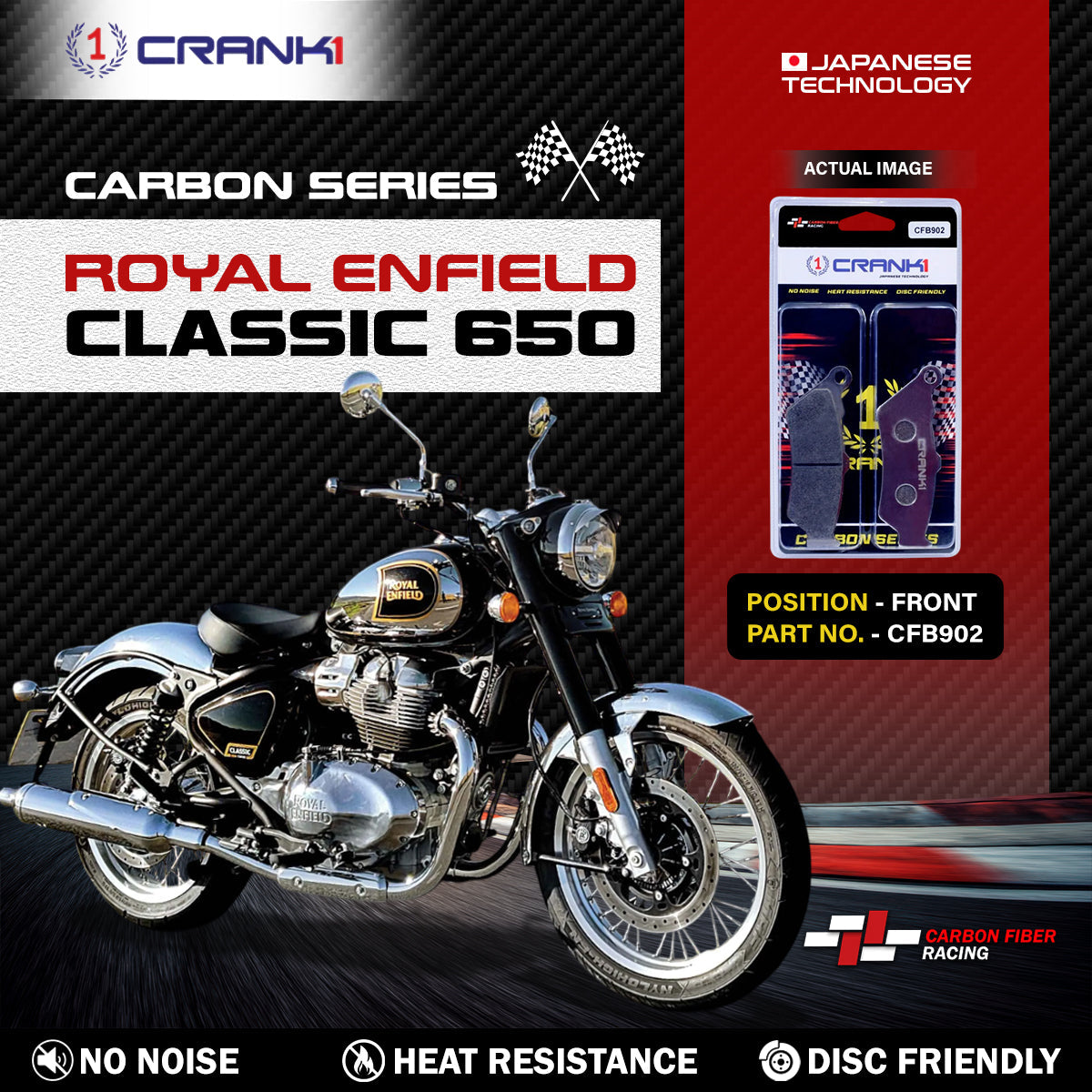 Crank1 Carbon Brake Pads For Royal Enfield Classic 650 - Front - CFB902