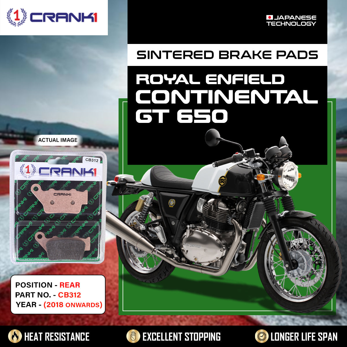 Crank1 Sintered Brake Pads For Royal Enfield Continental GT 650 (2018 Onwards) - Rear - CB312