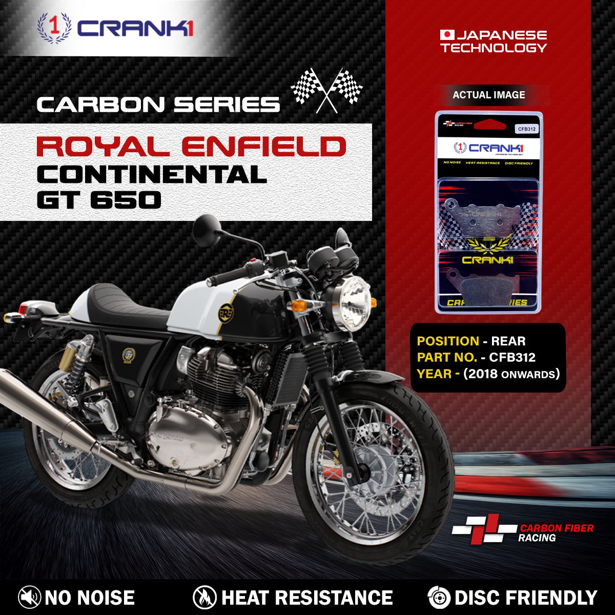 Crank1 Carbon Brake Pads For Royal Enfield Continental GT 650 (2018 Onwards) - Rear - CFB312