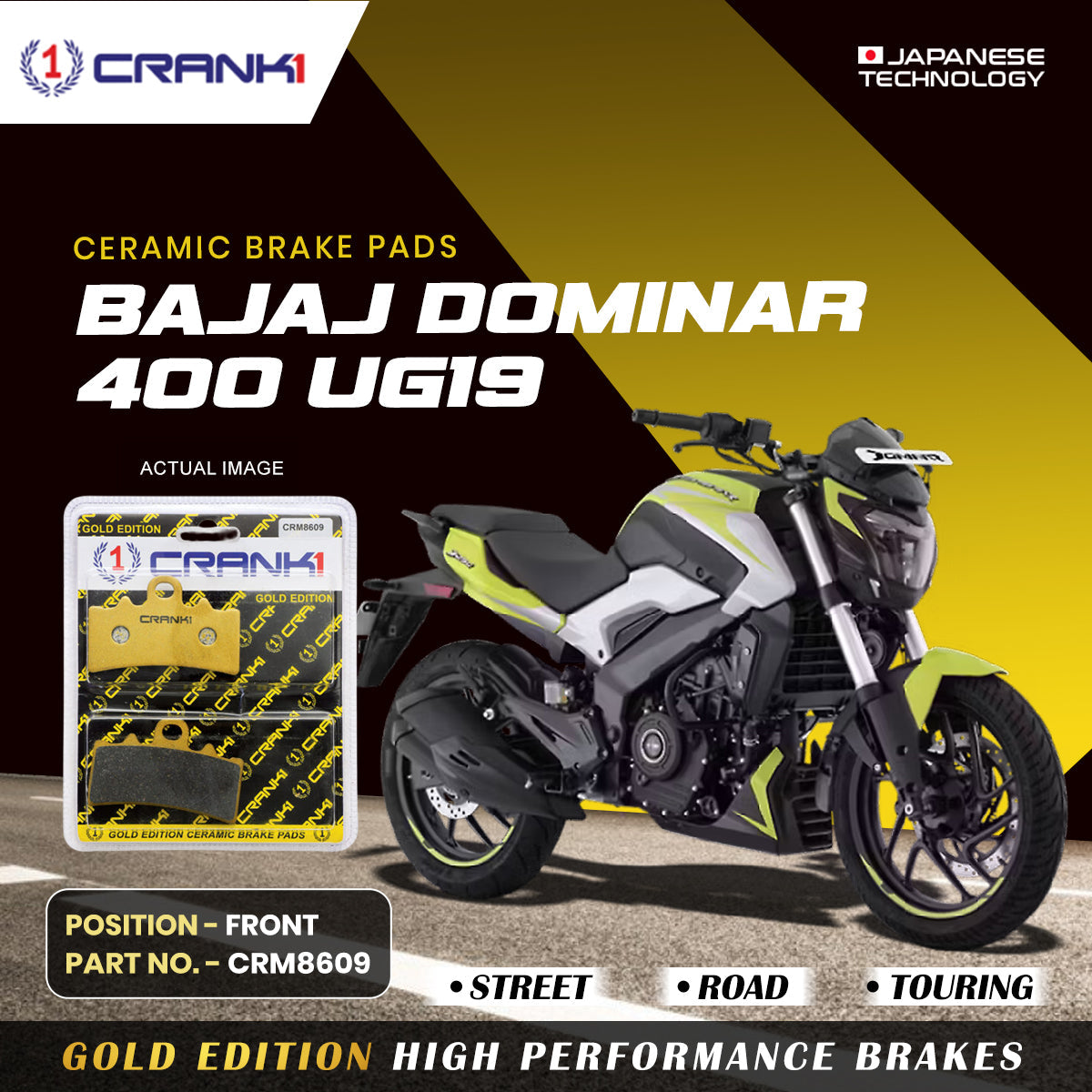 Crank1 Ceramic Brake Pads For Bajaj Dominar 400 (UG19) - Front - CRM8609