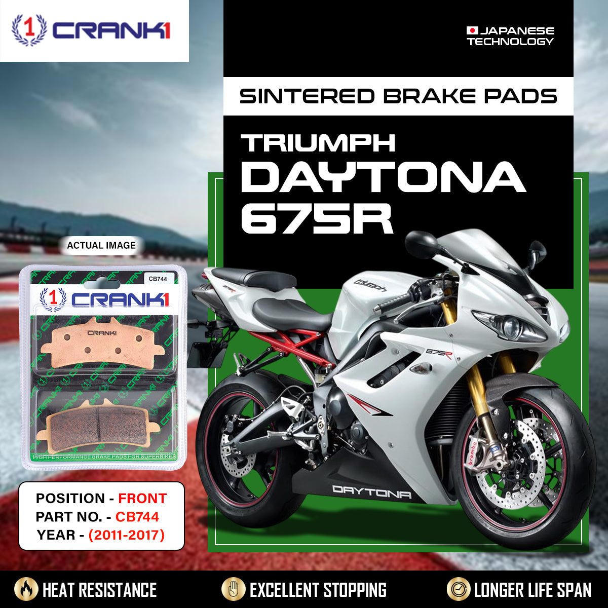Crank1 Sintered Brake Pads For Triumph Daytona 675R (2011-2017) - Front - CB744 - 2 Sets