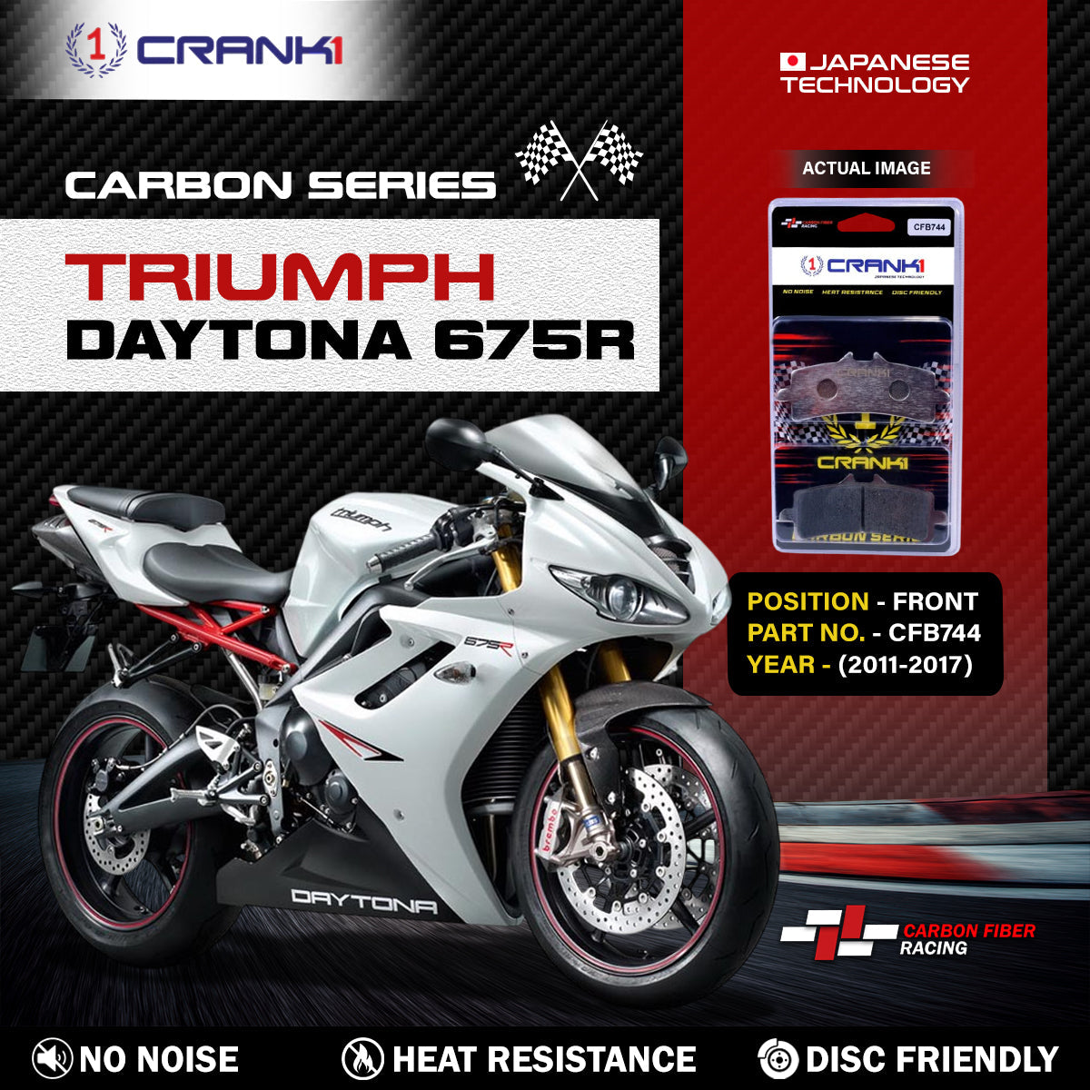 Crank1 Carbon Brake Pads For Triumph Daytona 675R (2011-2017) - Front - CFB744 - 2 Sets
