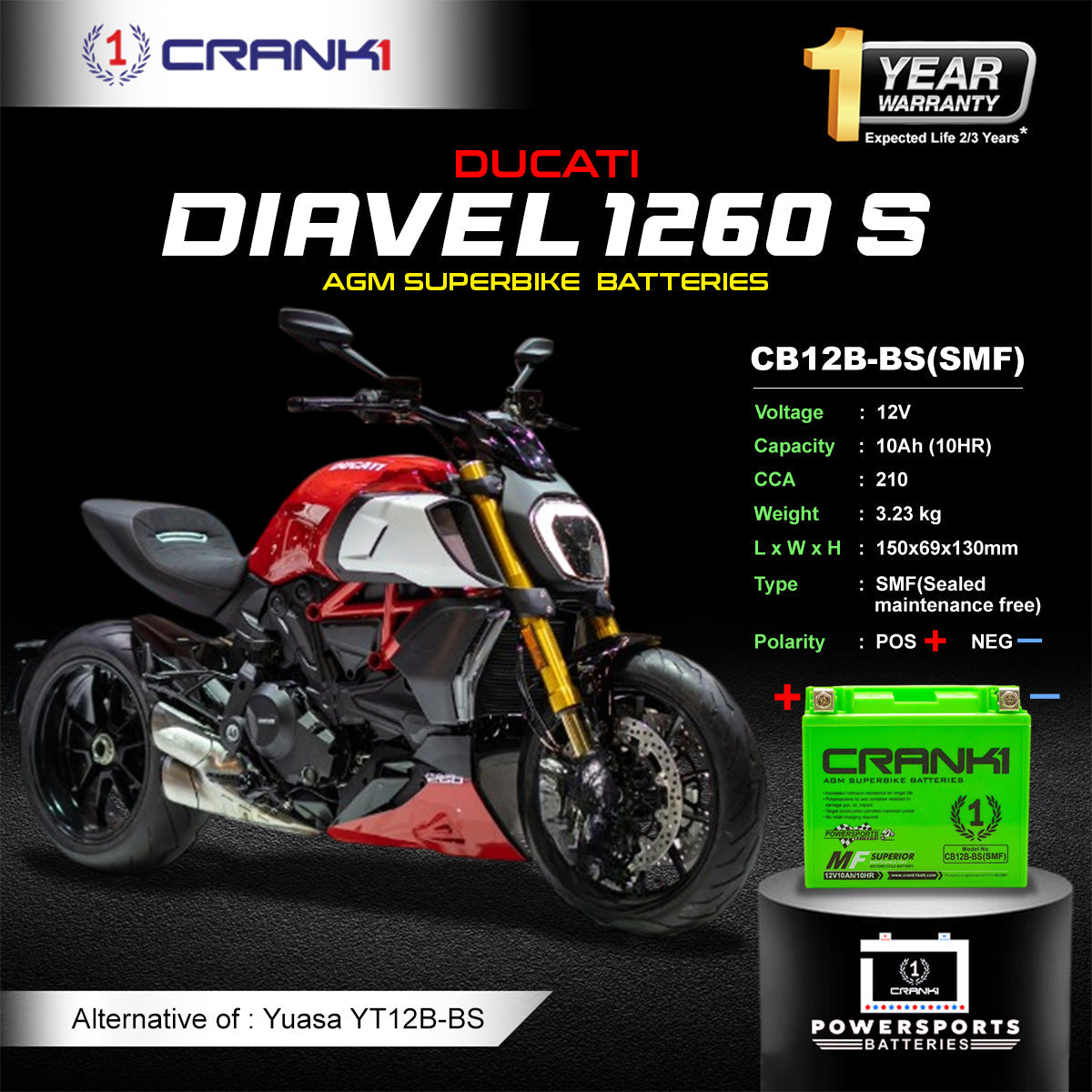 Crank1 Battery For Ducati Diavel 1260 S (2016-2025) - CB12B-BS - Factory Activated