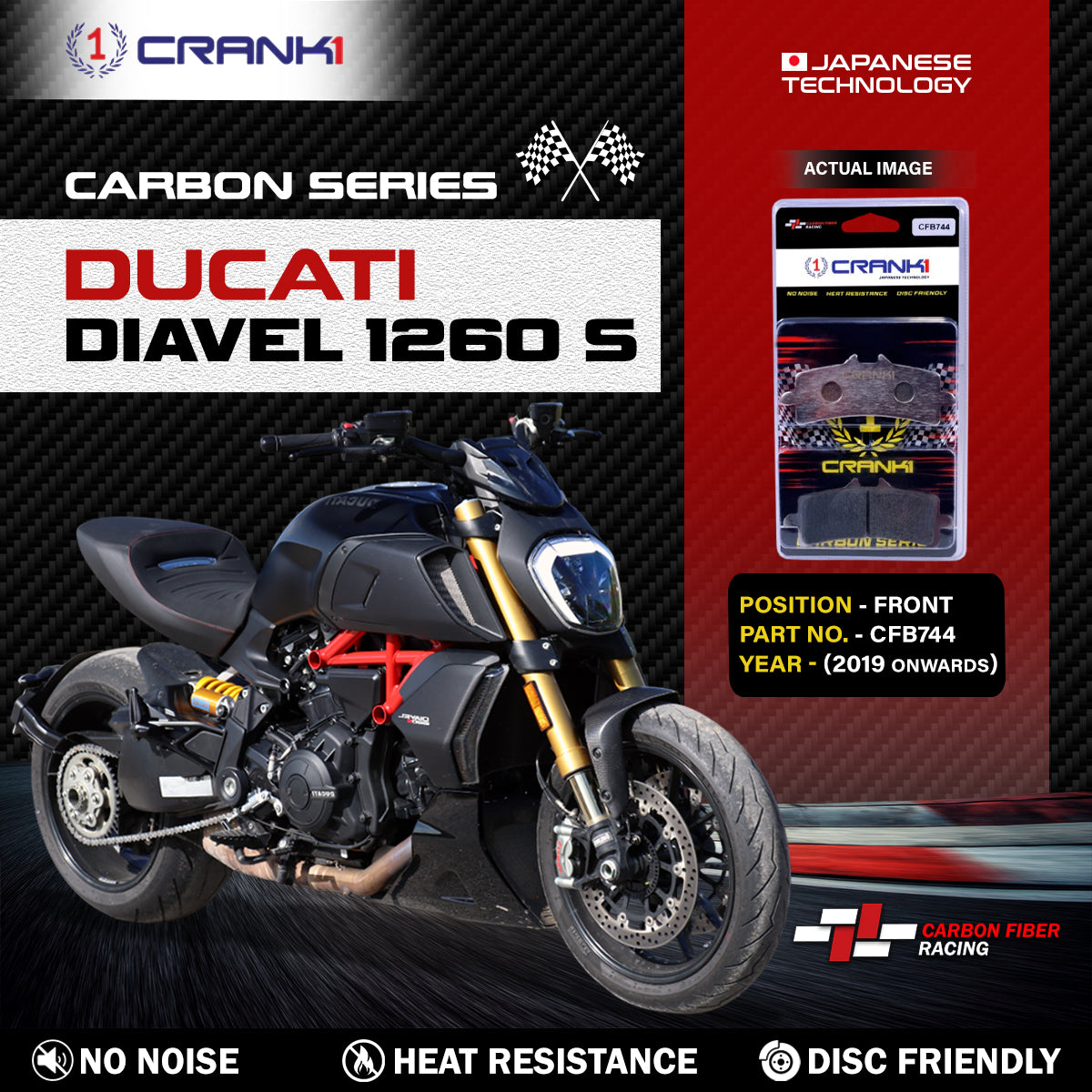 Crank1 Carbon Brake Pads For Ducati Diavel 1260 S (2019 Onwards) - Front - CFB744 - 2 Sets