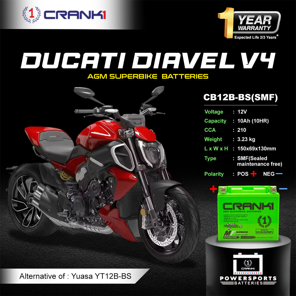 Crank1 Battery For Ducati Diavel V4 (2011-2025) - CB12B-BS - Factory Activated