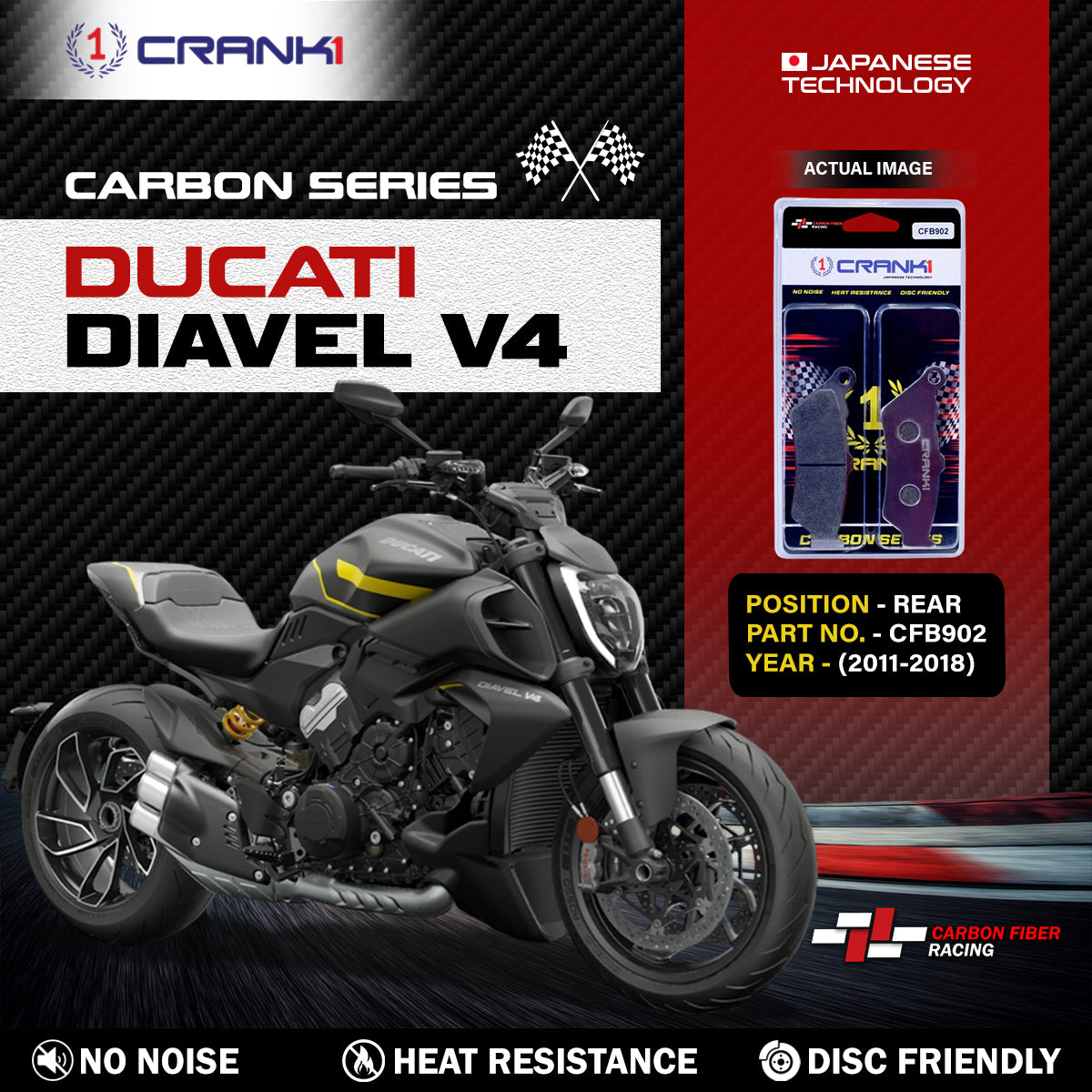 Crank1 Carbon Brake Pads For Ducati Diavel V4 (2011-2018) - Rear - CFB902