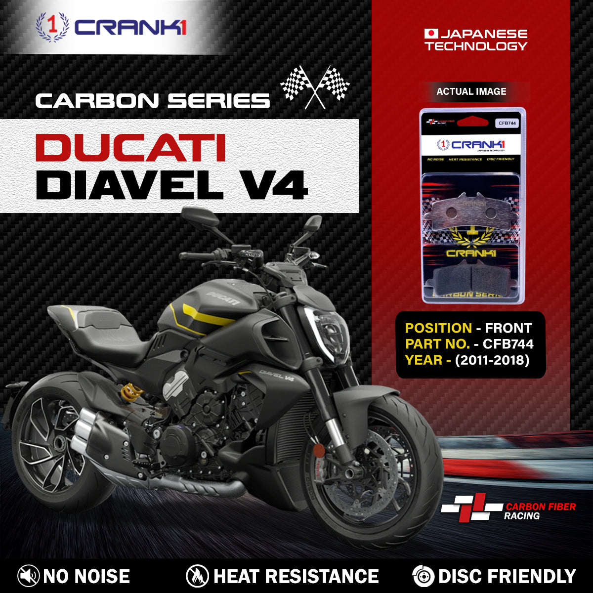Crank1 Carbon Brake Pads For Ducati Diavel V4 (2011-2018) - Front - CFB744 - 2 Sets