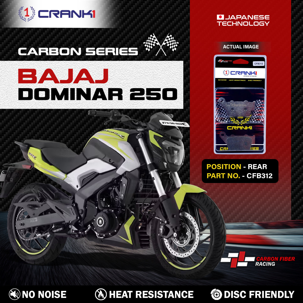 Crank1 Carbon Brake Pads For Bajaj Dominar 250 - Rear - CFB312