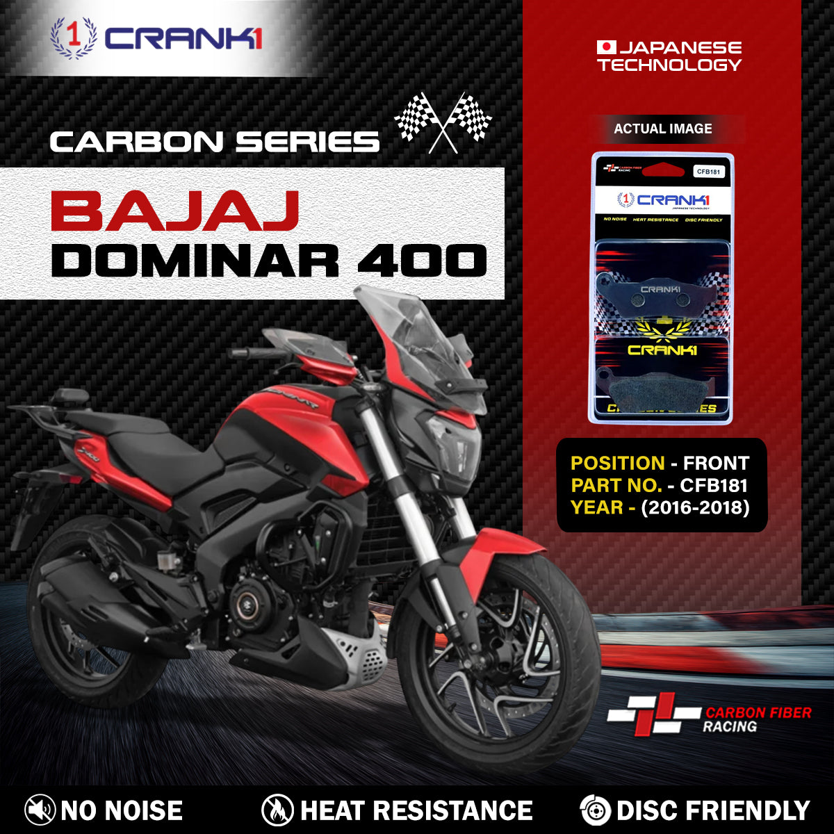Crank1 Carbon Brake Pads For Bajaj Dominar 400 (2016-2018) - Front - CFB181