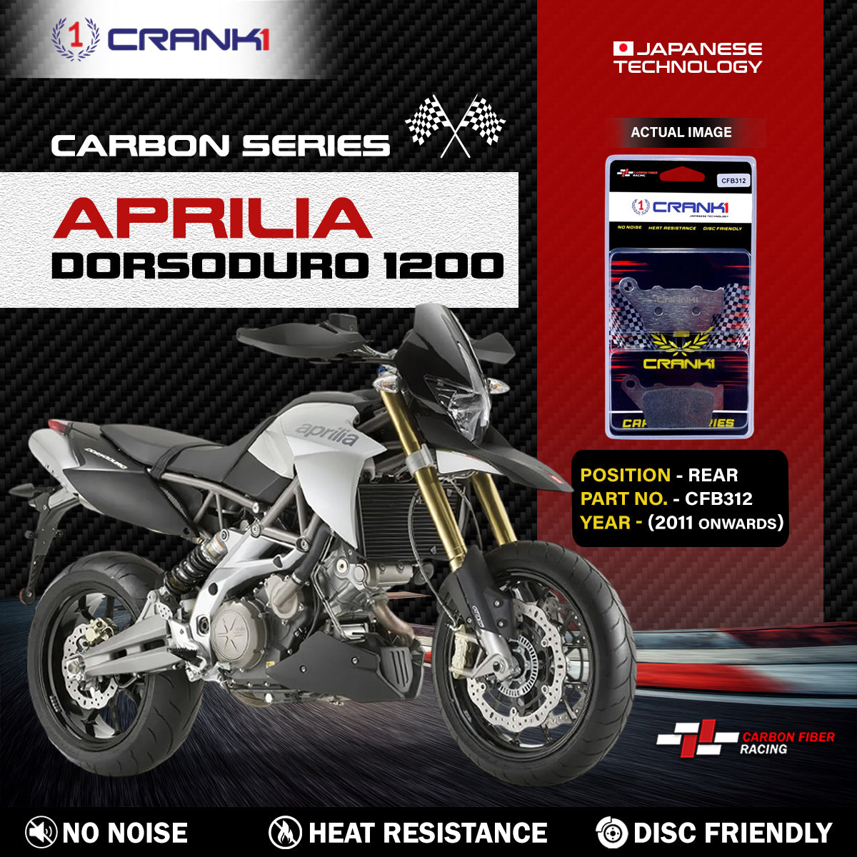 Crank1 Carbon Brake Pads For Aprilia Dorsoduro 1200 (2011 Onwards) - Rear - CFB312
