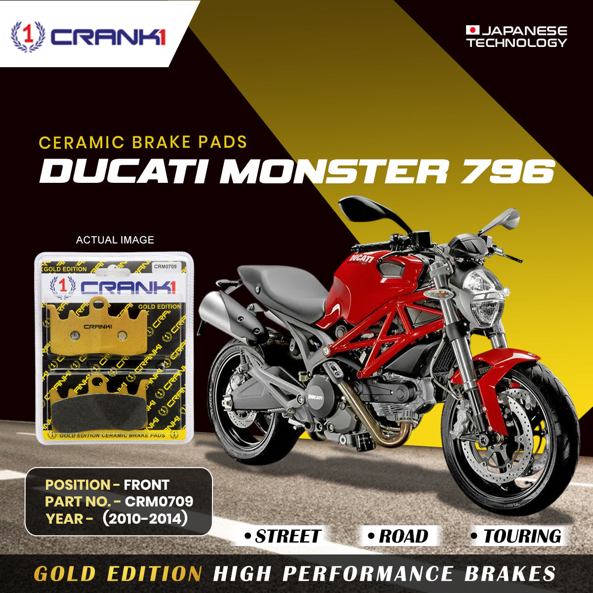Crank1 Ceramic Brake Pads For Ducati Monster 796 (2010-2014) - Front - CRM0709 - 2 Sets