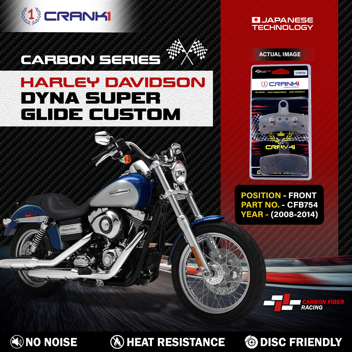 Crank1 Carbon Brake Pads For Harley Davidson Dyna Super Glide Custom (2008-2014) - Front - CFB754