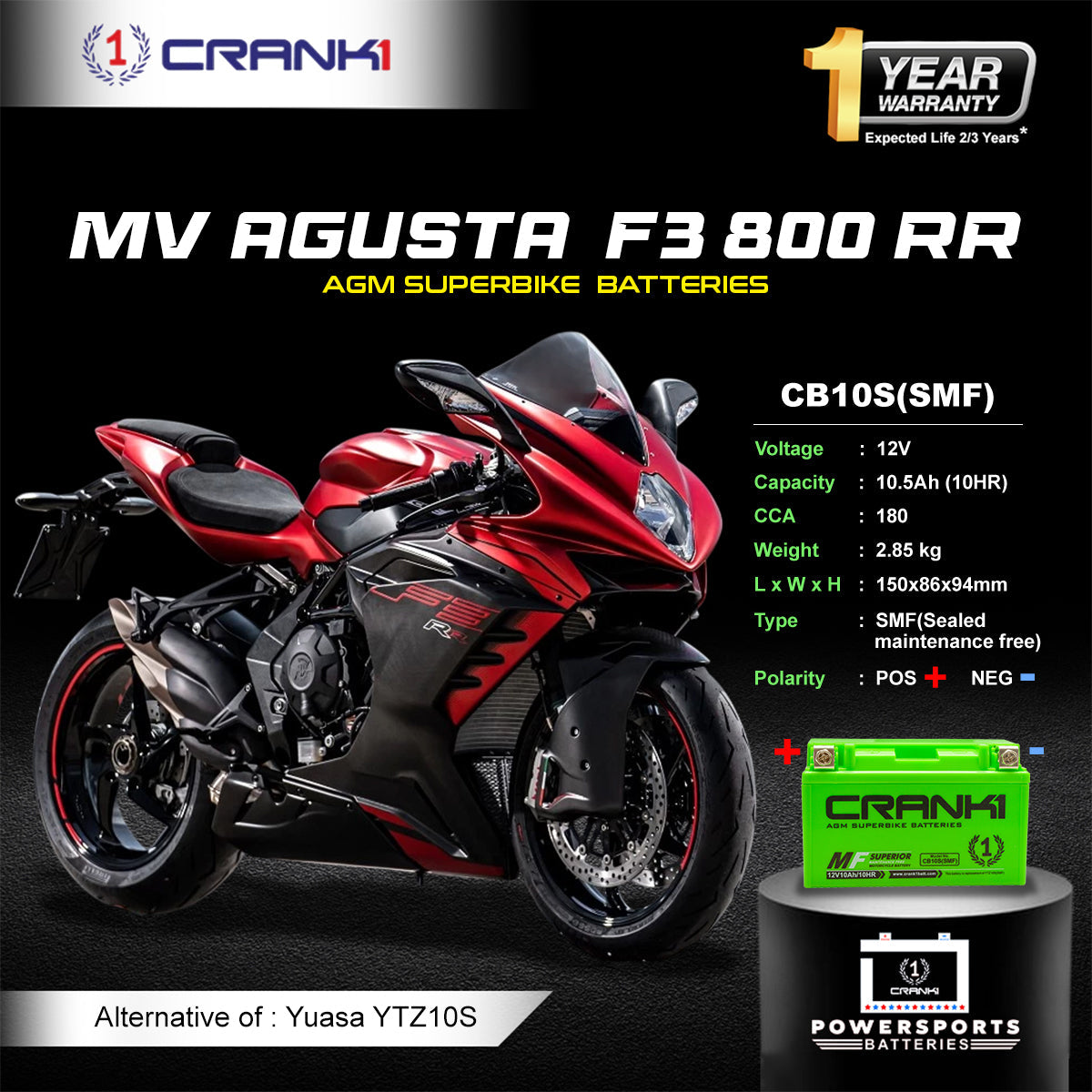 Crank1 Battery For MV Agusta F3 800 RR (2009-2016) - CB10S - Factory Activated