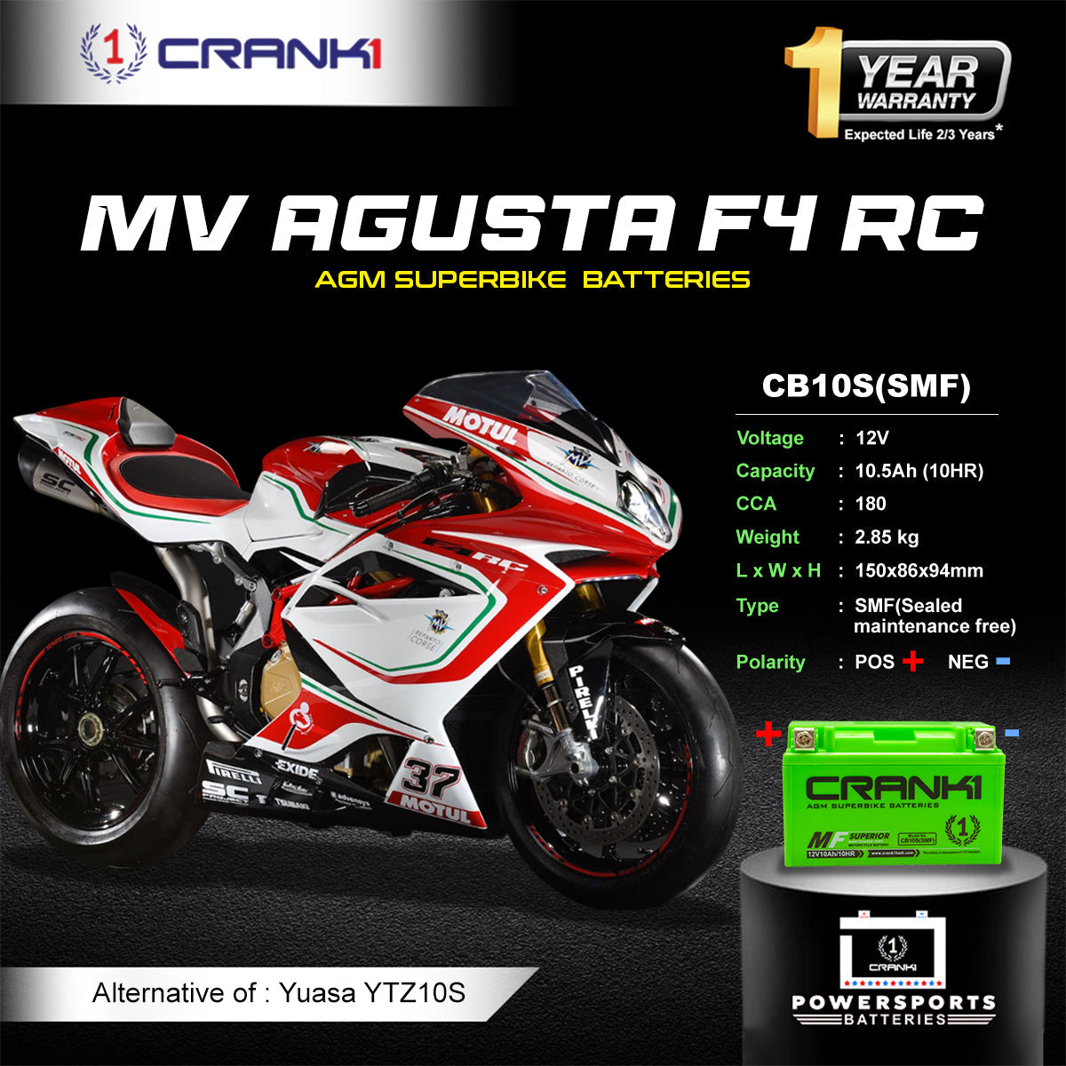 Crank1 Battery For MV Agusta F4 RC - CB10S - Factory Activated