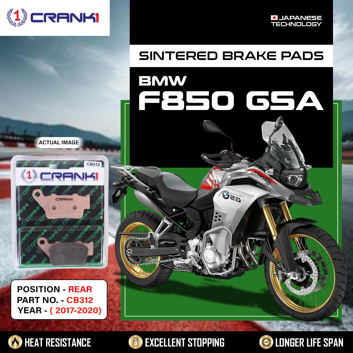 Crank1 Sintered Brake Pads For BMW F850 GSA (2017-2020) - Rear - CB312