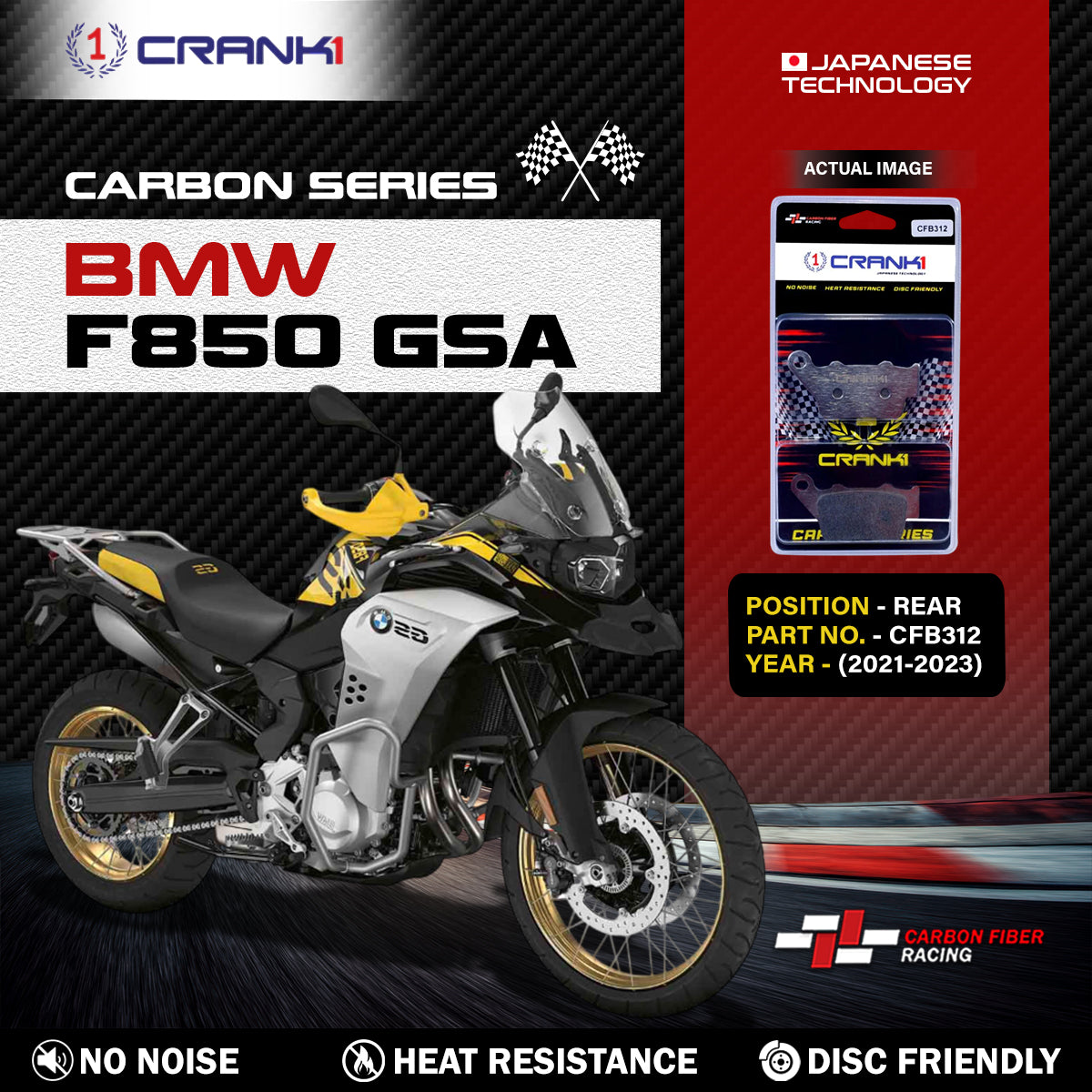 Crank1 Carbon Brake Pads For BMW F850 GSA (2021-2023) - Rear - CFB312