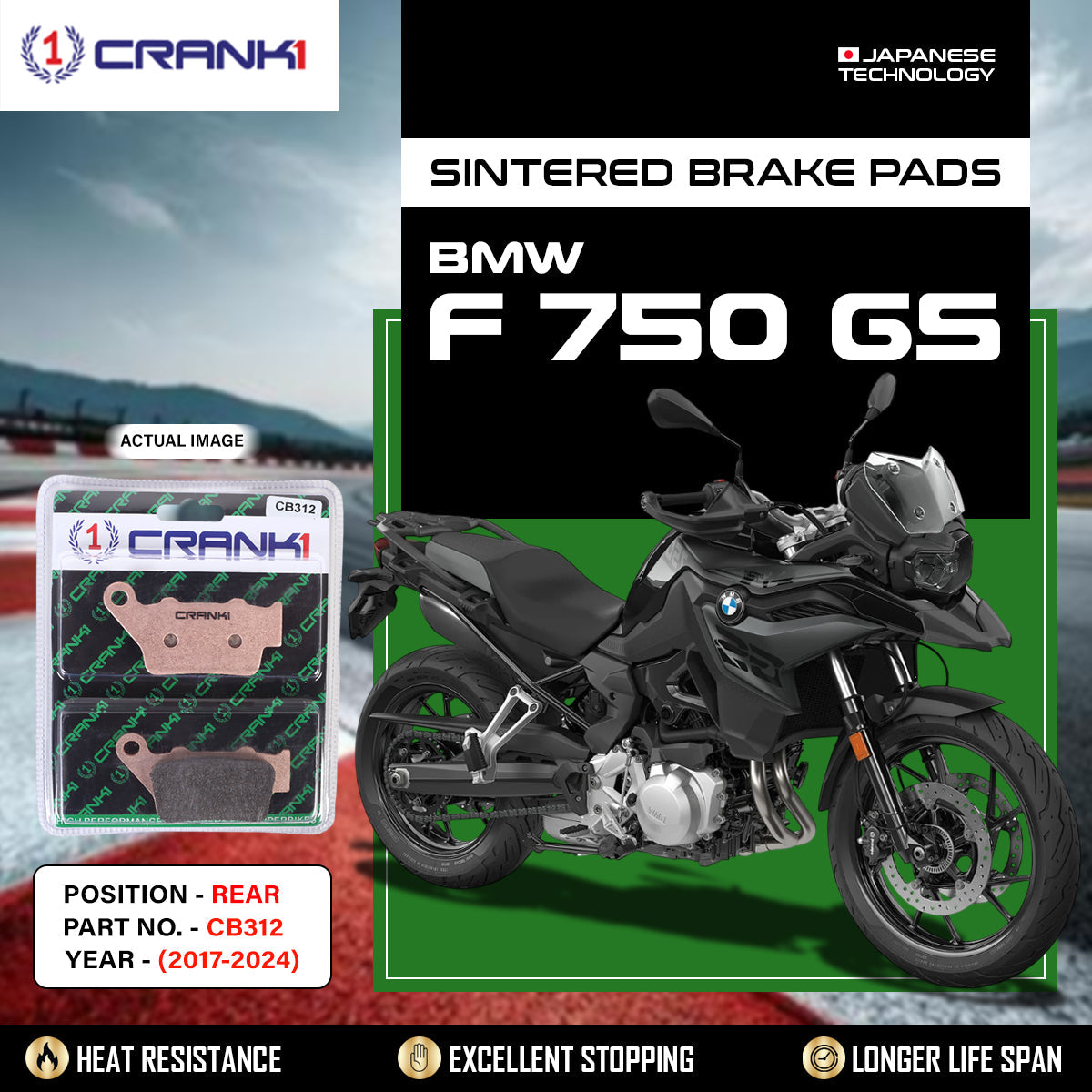Crank1 Sintered Brake Pads For BMW F 750 GS (2017-2024) - Rear - CB312