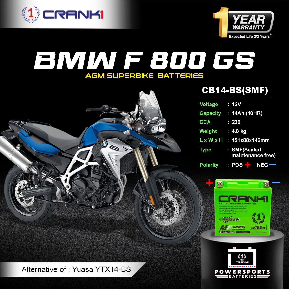 Crank1 Battery For BMW F 800 GS (2007-2018) - CB14-BS - Factory Activated