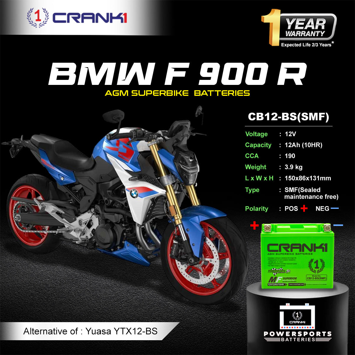 Crank1 Battery For BMW F 900 R (2020-2025) - CB12-BS - Factory Activated