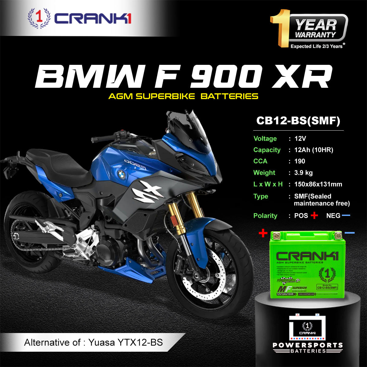 Crank1 Battery For BMW F 900 XR (2020-2025) - CB12-BS - Factory Activated