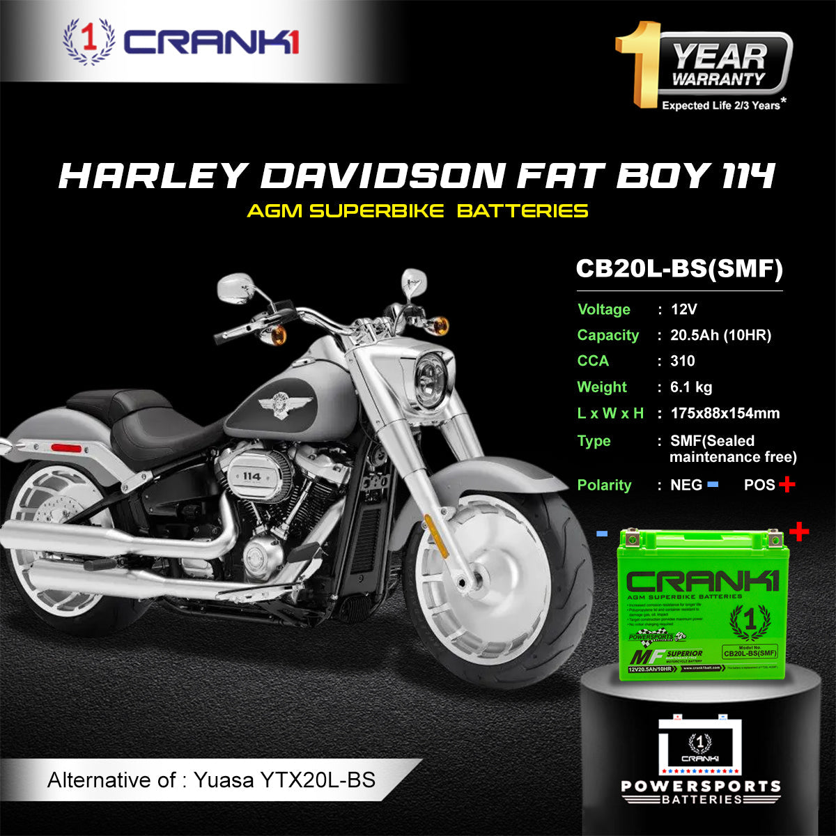 Crank1 Battery For Harley Davidson Fat Boy 114 (2018 Onwards) - CB20L-BS - Factory Activated