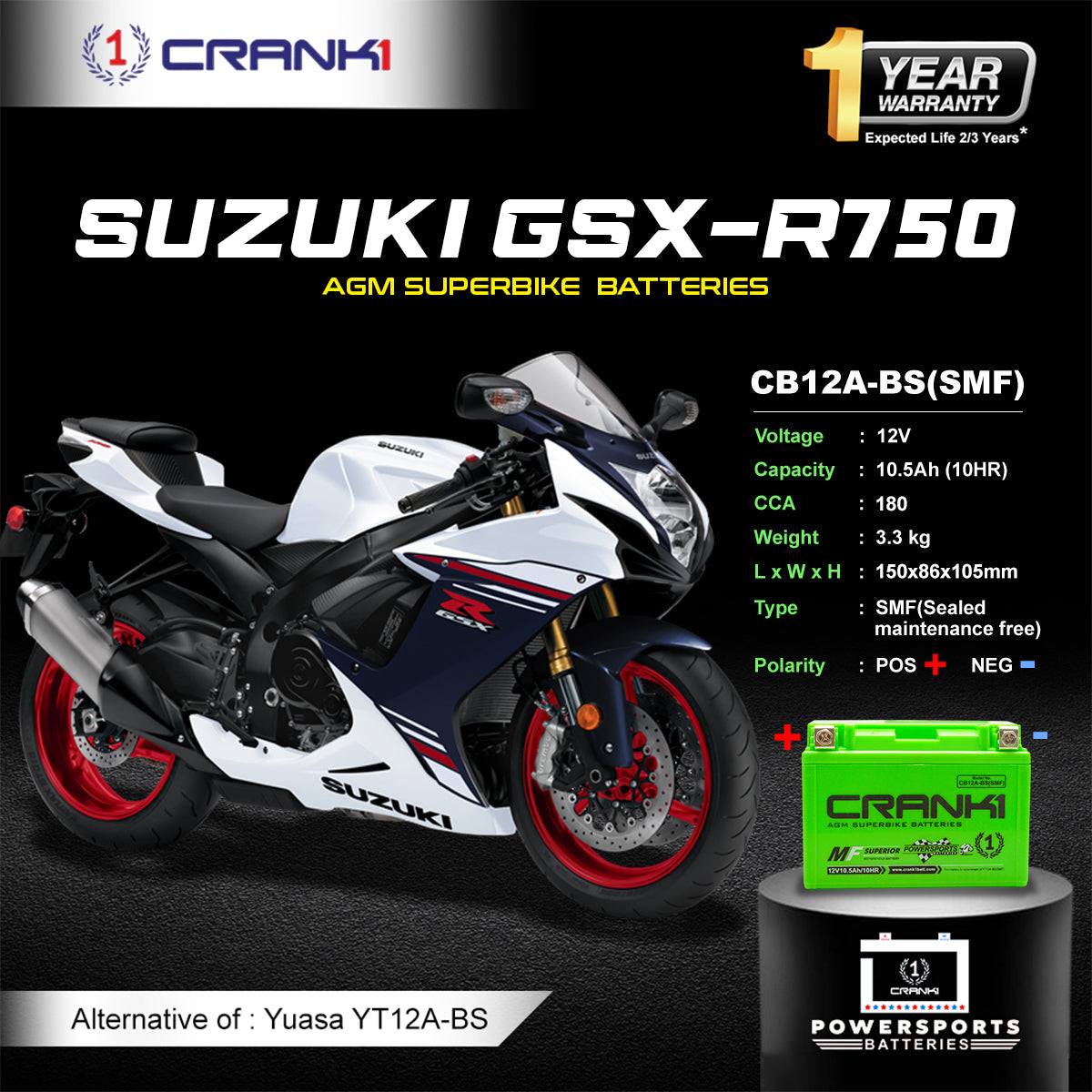 Crank1 Battery For Suzuki GSX-R750 (2000-2023) - CB12A-BS - Factory Activated