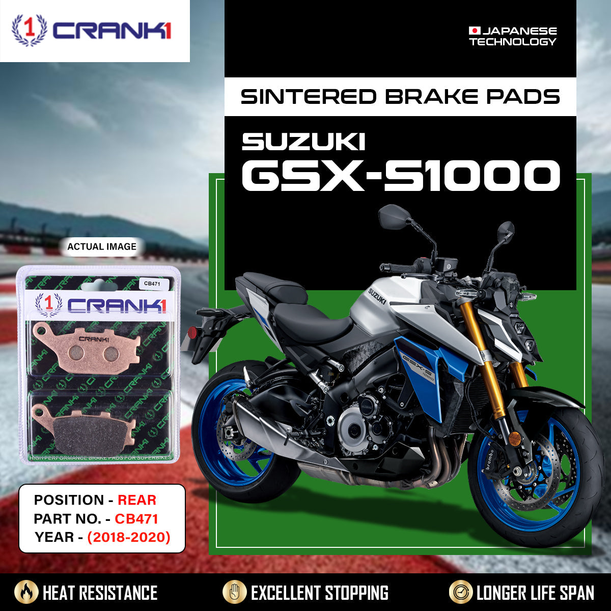 Crank1 Sintered Brake Pads For Suzuki GSX-S1000 (2018-2020) - Rear - CB471