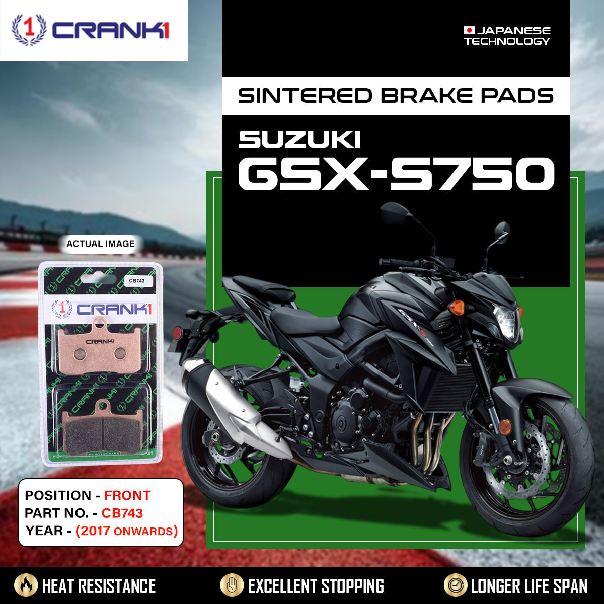 Crank1 Sintered Brake Pads For Suzuki GSX-S750 (2017 Onwards) - Front - CB743 - 2 Sets Required