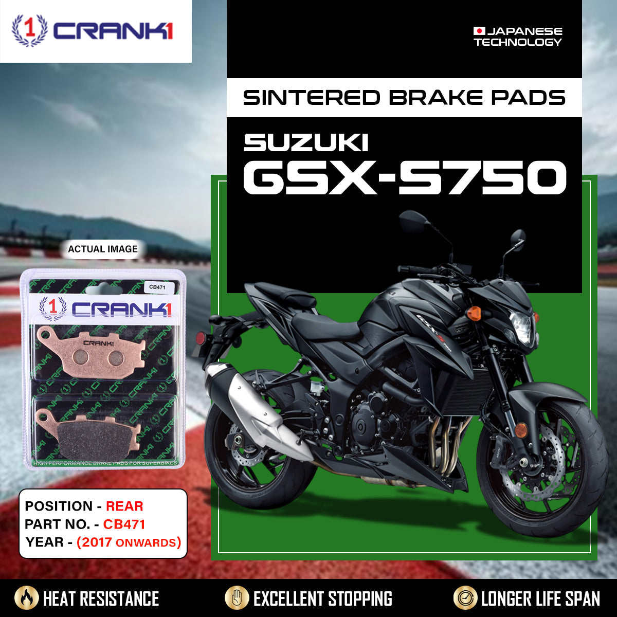 Crank1 Sintered Brake Pads For Suzuki GSX-S750 (2017 Onwards) - Rear - CB471