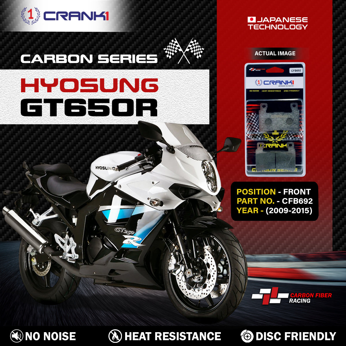 Crank1 Carbon Brake Pads For Hyosung GT650R (2009-2015) - Front - CFB692 - 2 Sets