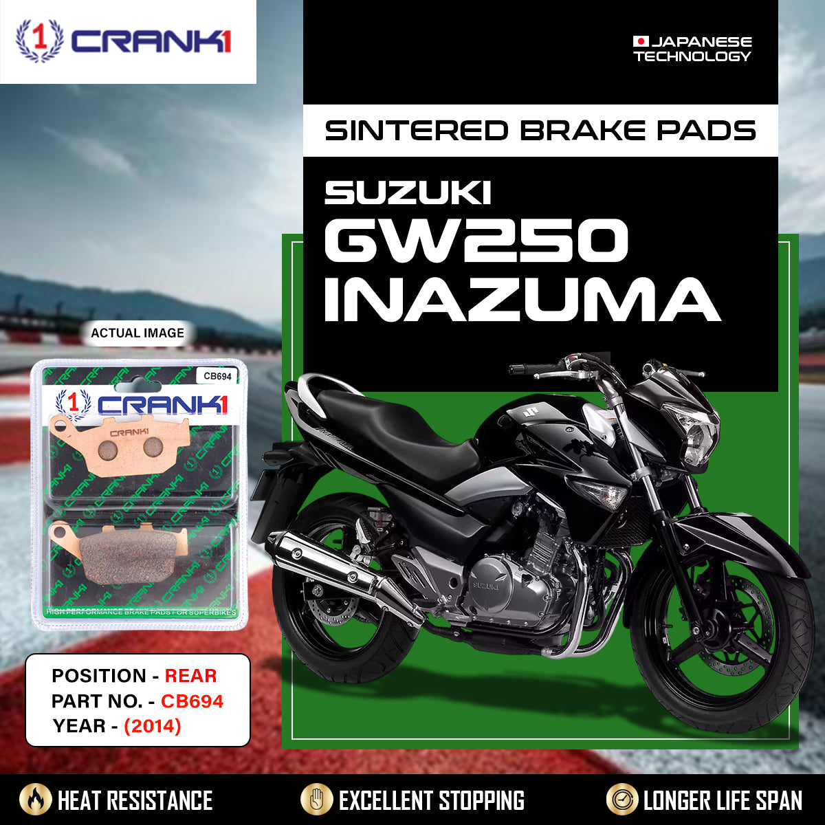 Crank1 Sintered Brake Pads For Suzuki GW250 Inazuma (2014) - Rear - CB694
