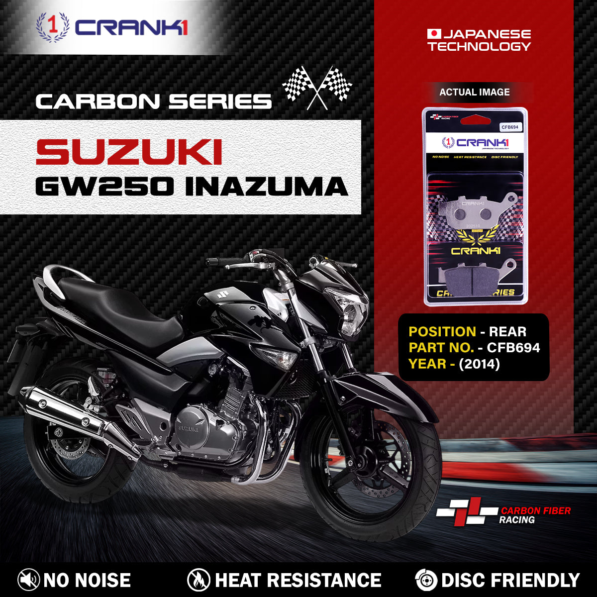 Crank1 Carbon Brake Pads For Suzuki GW250 Inazuma (2014) - Rear - CFB694